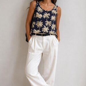 Vintage Pineapple Moon Silk Sleeveless Top S Navy Palm Tree Y2K Resortwear